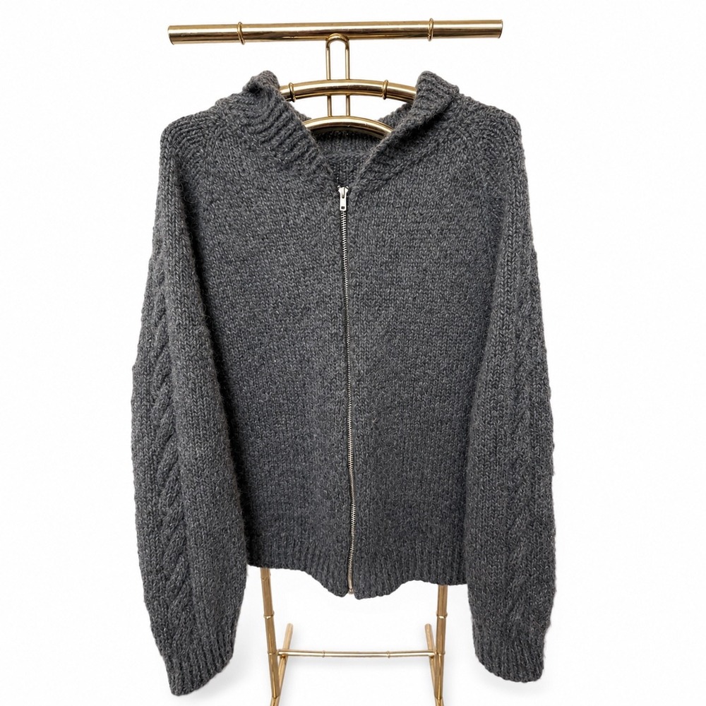 Handmade Grandpa Mens Chunky Knit Wool Zip Up Sweater Charcoal Cable Sleeve